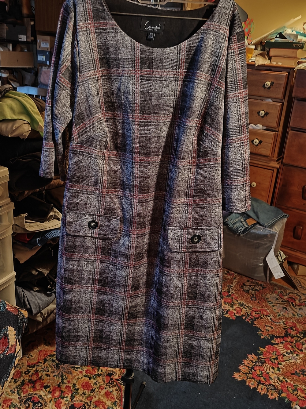 connected apparel Plaid Crewneck Dress in Gray with Pink Accents